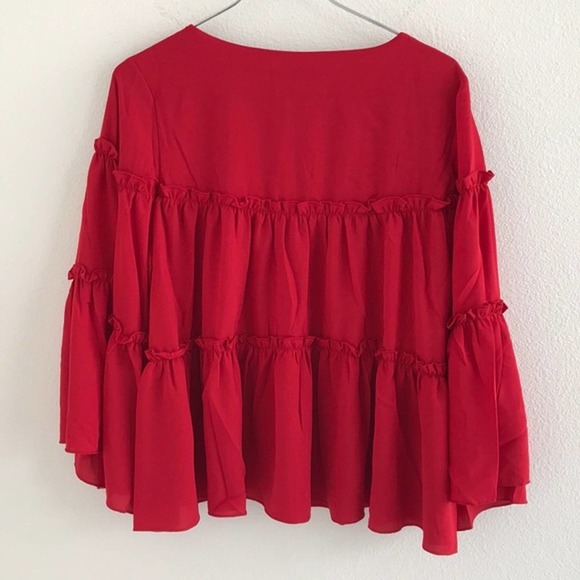 Patrizia Luca Ruffle Sleeve 3/4 Top Red Size Small - Picture 4 of 7